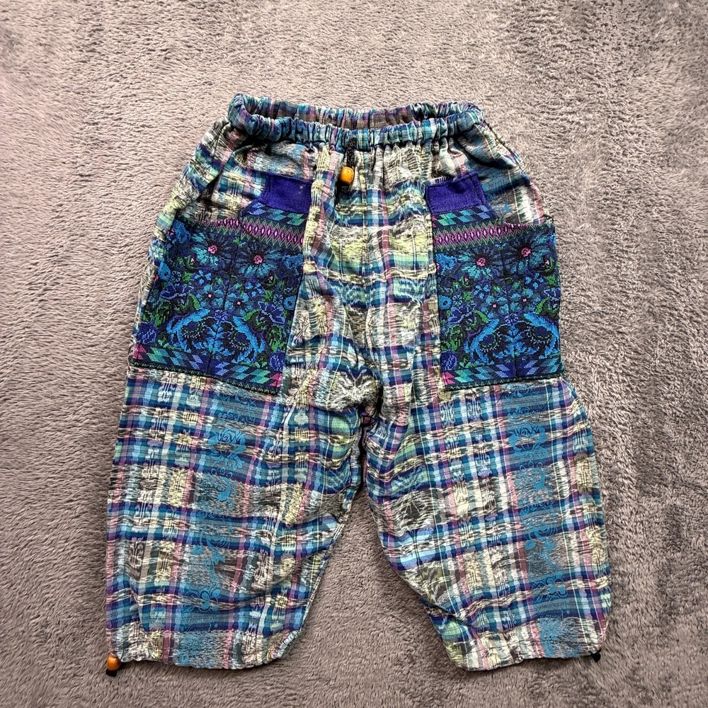 Boho Hippie Patchwork Capri Pull On Pants Womens XS/S Blue Relaxed Baggy